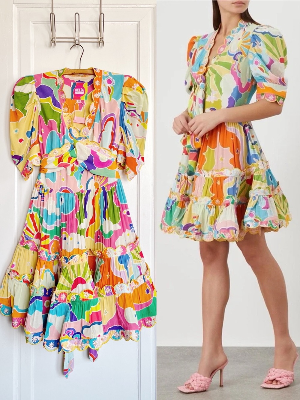 Celia B • Andromeda Dress mini tropical floral puff sleeve scalloped tiered - Picture 8 of 16
